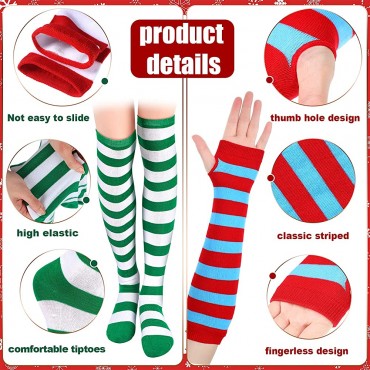 8 Pairs Christmas Long Striped Socks Gloves 4 Pairs Winter Striped Knee Socks Thigh High Witch Sock 4 Pairs Women Striped Fingerless Gloves Knit Arm Warmer Thumb Hole Gloves for Christmas Ladies Girls - B345VMB0L