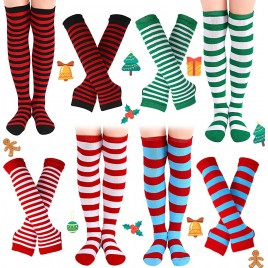 8 Pairs Christmas Long Striped Socks Gloves 4 Pairs Winter Striped Knee Socks Thigh High Witch Sock 4 Pairs Women Striped Fingerless Gloves Knit Arm Warmer Thumb Hole Gloves for Christmas Ladies Girls - B345VMB0L