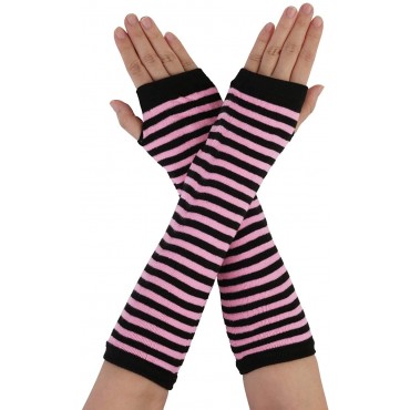 Allegra K Women Black Pink Stripe Print Elbow Length Fingerless Arm Gloves Pair - BQ98NOWOS