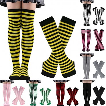 Arm Warmer Leg Warmer for Women Striped Knee High Socks Fingerless Gloves Set - BKHPTFL9D
