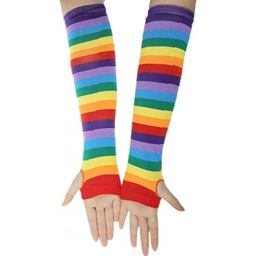 Arm Warmers Knit Thumbhole Stretchy Gloves Punk Gothic Rock Color Stripe Long Arm Warmer Fingerless Gloves - B3JJKN5CM