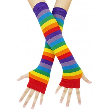 Arm Warmers Knit Thumbhole Stretchy Gloves Punk Gothic Rock Color Stripe Long Arm Warmer Fingerless Gloves - B3JJKN5CM