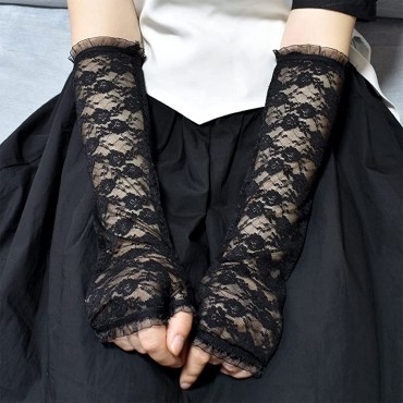 ATHX Women's Long Floral Lace Fingerless Mittens Thumb Hole Sun Protection Gloves - BZH6GNW2K