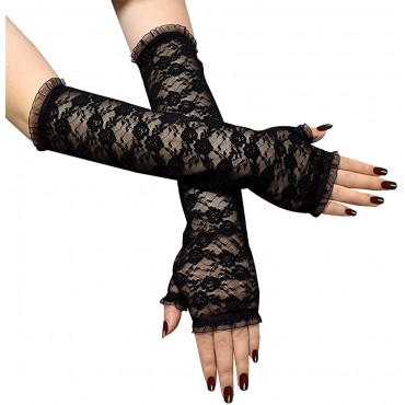 ATHX Women's Long Floral Lace Fingerless Mittens Thumb Hole Sun Protection Gloves - BZH6GNW2K