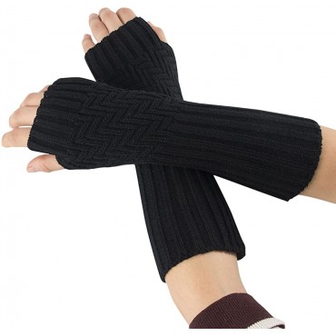 AUFJ Women Fashion Knitted Arm Sleeve Fingerless Winter Warm Long Stripe Solid Mittens Gloves Soft Cold Weather Warm Mittens - BMBQ6MXTB