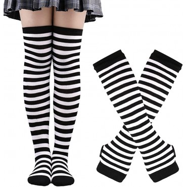 Colorful House Striped Arm Warmer Fingerless Thumb Hole Mittens Gloves Knee High Socks Sets - B069W360X