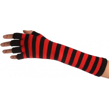 Red & Black Stripes Fingerless Gloves Gloves - B8HPMJ3ZB