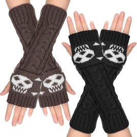 SATINIOR 2 Pairs Women's Cable Knit Arm Warmers Fingerless Gloves Thumb Hole Mittens Crossbones Skull Jacquard Knit Gloves Mittens Punk Long Arm Warmers Thumb Hole Dark Gray and Black average size - BIM8C6W0R