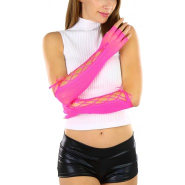 ToBeInStyle Women's Lace Up Wrist or Elbow Length Fishnet Fingerless Arm Warmer Gloves - BUDYW2C31