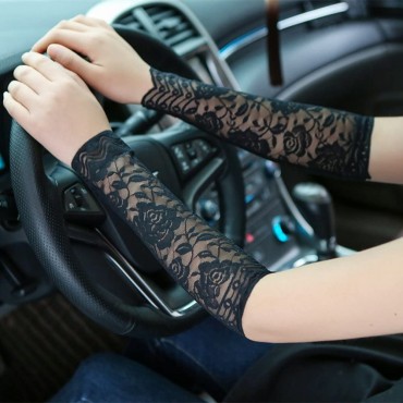 Tovip 2Pairs 30CM Women Girls Summer UV Protection Arm Sleeves Sexy Crochet Floral Lace Warmers Jacquard Scar Cover Long Fingerless Driving Gloves - B0Z65DENV