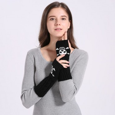 Urieo Winter Arms Warmers Acrylic Skull Knit Warm Thumb Hole Gloves Mittens for Women - BIJNWD3F1
