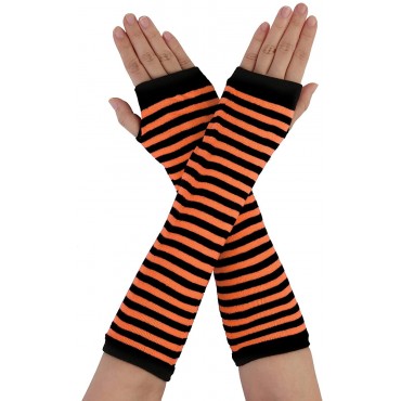 uxcell Women Winter Stripe Pattern Elbow Length Fingerless Thumbhole Arm Warmers Long Gloves - BZK80GEH2