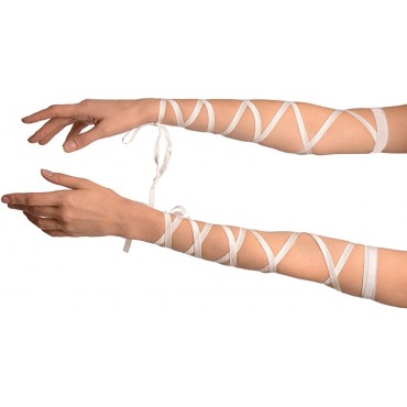 White Elasticated Satin Ribbon Arm Wraps Gloves Gloves - BWWHMK6ET