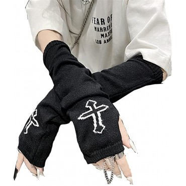 Women Gloves Goth Arm Sleeve Cool Black Moon Cross Printed Hip Hop Arm Warmers - BWWOOTDKO