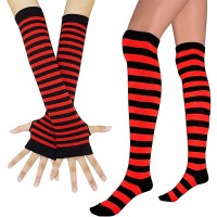 Women Long Fingerless Gloves Knit Arm Warmer Striped Knee High Socks Set - B1FH5K8U4