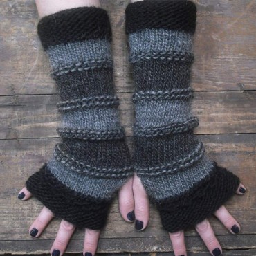 Women Winter Long Fingerless Gloves Striped Knitted Arm Warmer Thumb Hole Gloves Stitching Mittens Gray - B4DQSXDSY