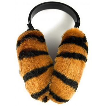 Brown Black tiger stripe faux fur furry ear muffs warmers fold up classic old school style Brown Black - BT74SO8B7