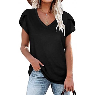 Women's Short Sleeve Casual Top Petal Sleeve T-Shirts V Neck Summer Tee Top Loose Fit Tunic - BZ8RW9ED5