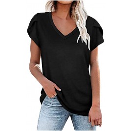 Women's Short Sleeve Casual Top Petal Sleeve T-Shirts V Neck Summer Tee Top Loose Fit Tunic - BZ8RW9ED5