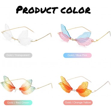 FRESHME Dragonfly Sunglasses with Chain Cute Fairy Wing Rimless Glasses Cosplay Accessories Eyeglass and Strap Set Women - B4VMSKQJN