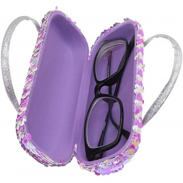 Women Kids Girls Boys Reversible Sequins Eyeglass Case Glasses Pouch Dazzling Sparkle Glitter Hard Shell with Handle - B1QZ1YJRY