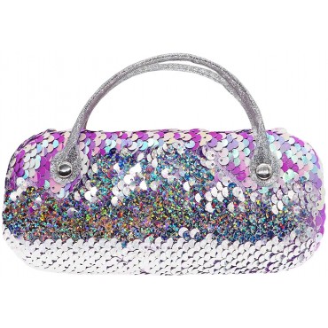 Women Kids Girls Boys Reversible Sequins Eyeglass Case Glasses Pouch Dazzling Sparkle Glitter Hard Shell with Handle - B1QZ1YJRY