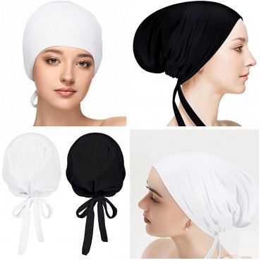 2 Pieces Women Under Scarf Hat Hijab Cap Islamic Hijab Undercap Hijab Bonnet Cap Muslim Inner Beanies Hat Underscarf Turban Caps with Ties Back Black White - B1XARWF8B