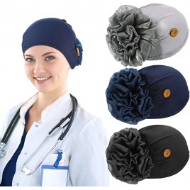 3 Pieces Bouffant Cap with Buttons Elastic Soft Flower Stretch Head Wraps for Nurses - B8K55EX39