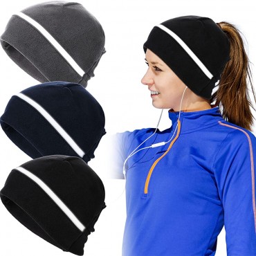 3 Pieces Reflective Fleece Running Ponytail Hat Women Safety Beanie with Ear Covers Cold Weather Skull Cap - BDHR0MVXT