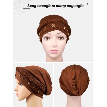 4 Pieces African Women Turban Cap Beaded Headscarf Beanie Twisted Braid Wrap Hat Faux Pearl Headwrap - B5W0JIR8Y