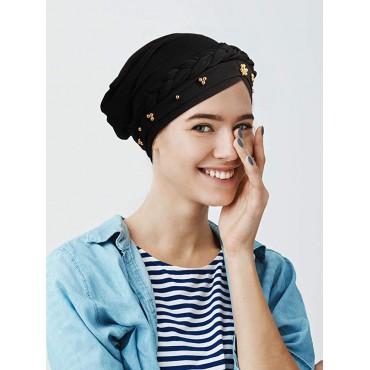 4 Pieces African Women Turban Cap Beaded Headscarf Beanie Twisted Braid Wrap Hat Faux Pearl Headwrap - B5W0JIR8Y