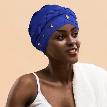 6 Pieces African Women Turban Cap Beaded Headscarf Beanie Twisted Braid Wrap Hat Faux Pearl Headwrap - B6V4JNLRT