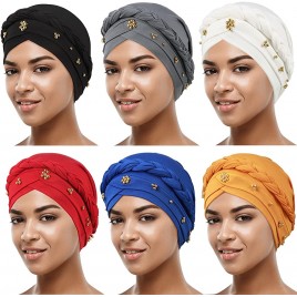 6 Pieces African Women Turban Cap Beaded Headscarf Beanie Twisted Braid Wrap Hat Faux Pearl Headwrap - B6V4JNLRT