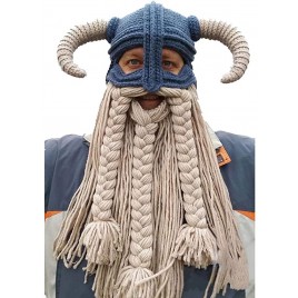 Adult Beard Viking Knit Hat Barbarian Bull Horn Crochet Beanie Handmade Wig Facemask Beanie for Men Warm Funny Ski Cap - BEWLLWZ64