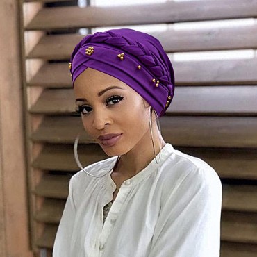 African Women Turban Cap Headscarf Pre-Tied Bonnet Plait Stretch Beanie Twisted Braid Wrap Hair Cover Wrap Hat Headwrap - B3VFFOE2F