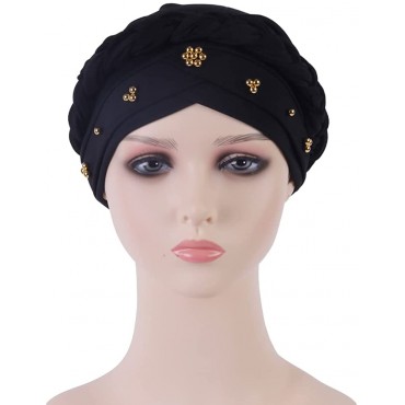 African Women Turban Cap Twisted Beaded Braid Head Wraps Pre-Tied Chemo Headscarf for Cancer Hair Cover Hats - B0MO7M7L8