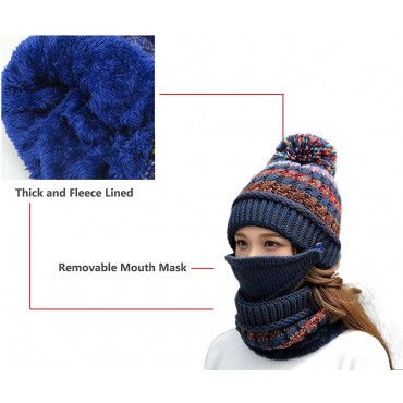 Fleece Lined Winter Hats for Women Knit Beanie Hat Scarf Mask Set Warm Soft Slouchy Skull Cap Pom - B8L3U5CV6