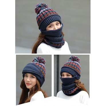 Fleece Lined Winter Hats for Women Knit Beanie Hat Scarf Mask Set Warm Soft Slouchy Skull Cap Pom - B8L3U5CV6