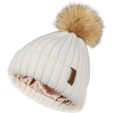 FURTALK Womens Winter Beanie Hat Satin Lined Faux Fur Pom Pom Beanies Hat for Women Winter Warm Knit Hats - B2PLK65KP