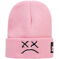 Lil Peep Autumn Winter Warm Beanie Hats Crying face Embroidery Beanie caps Men Women face Knitted Hats -Pink - BMGYVLMEV