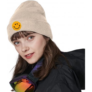 lycycse Womens Beanies for Winter Knit Smiley Face Beanie Hat Embroidered Cuffed Slouchy Beanies for Women Warm Skull Cap - BO2BAIZN4
