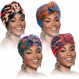 SATINIOR 4 Pieces African Pattern Headwrap Pre-Tied Bonnet Turban Knot Beanie Cap Headwrap Hat - BDEEUCAEP