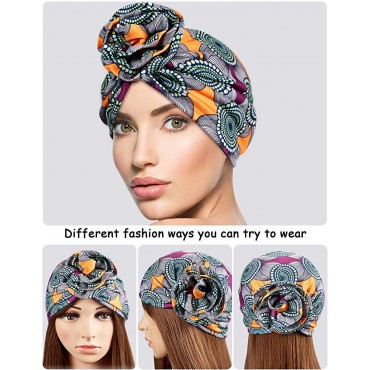 SATINIOR 6 Pieces Women Turban Flower African Pattern Headwrap Sleep Beanie Pre-Tied Bonnet Elastic Knot Cap - B2SC884LL