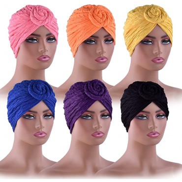 WKJHO 6 Pieces Winter Women Turban Hats for Girls Headband Twist Knot Pre-Tied Cotton India Bonnet Beanie Cap Head Wrap 6 Colors - B5CDKKR1V