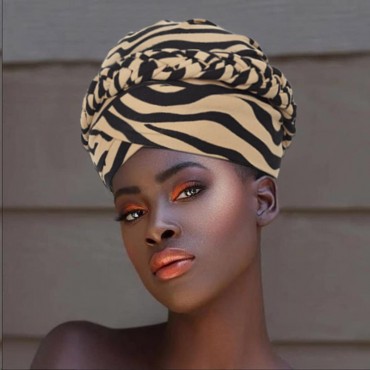 Woeoe African Turban Head Wraps Beige Leopard Print Chemo Hat Cap Braid Pre-Tied Head Cover Cap Headwear for Women and Girls2 Pieces - BU6MBQG6Q