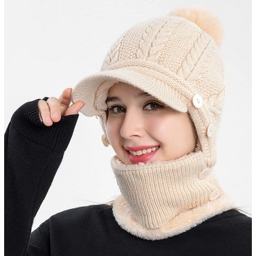 Women One Piece Slouchy Fleece Beanie Hats Scarf Mask Warm Winter Knitted Hat Thick Skull Ski Cap - B77WU6JJR