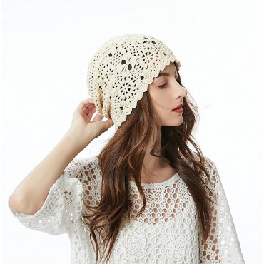 ZLYC Women Cotton Crochet Slouchy Beanie Hat Handmade Knit Cutout Summer Floral Skull Cap - BHAKKVMU4