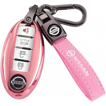 for Nissan Key Fob Cover with Leather Keychain Soft TPU 360 Degree Protection Key Case Compatible with Altima Maxima Rogue Armada Pathfinder Infiniti Smart Key 3 4 5-Button,Pink - B98DDWXSJ