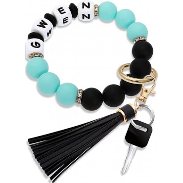 Panny and Mody Wristlet Keychain Silicone Key Ring Bracelet Car Beaded Bangle Key Chains for Women with Leather Tassel Gifts - BA62KH9SI