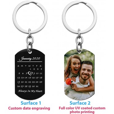 Queenberry Laser Engraved Personalized Calendar Date Photo Text Stainless Steel Dog Tag Keychain - BTZK6CT8B
